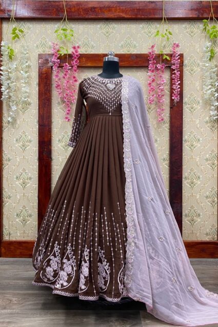 Brown Color Beauteous Anarkali Suit On Faux Georgette