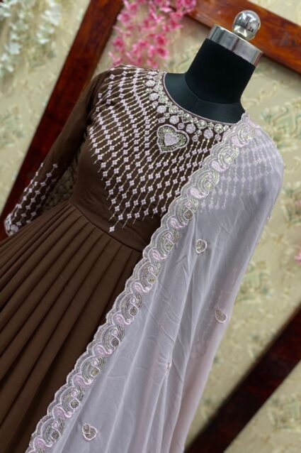Brown Color Beauteous Anarkali Suit On Faux Georgette