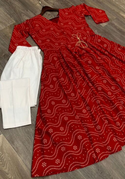 Red Color Classic Palazzo Kurti On Crepe With Print Work