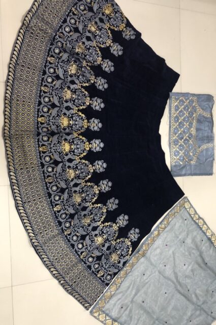 Dark Blue Color Beautiful Sara Khan Lehenga Choli On Velvet