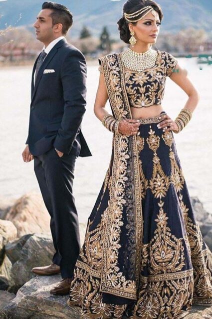 Navy Blue Color Beautiful Lehenga Choli On Velvet With Heavy Embroidery Work