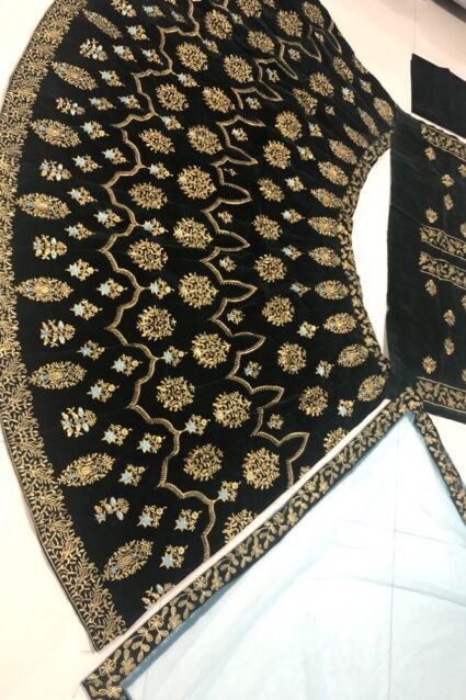 Dark Green Color Lehenga Choli On Heavy Velvet With Embroidery Work