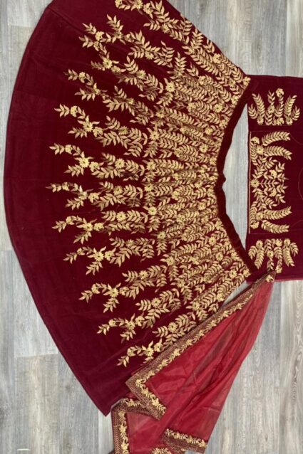 Red Color Charming Lehenga Choli On Velvet With Embroidery Work