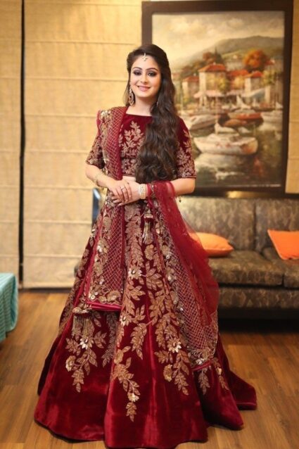 Red Color Charming Lehenga Choli On Velvet With Embroidery Work