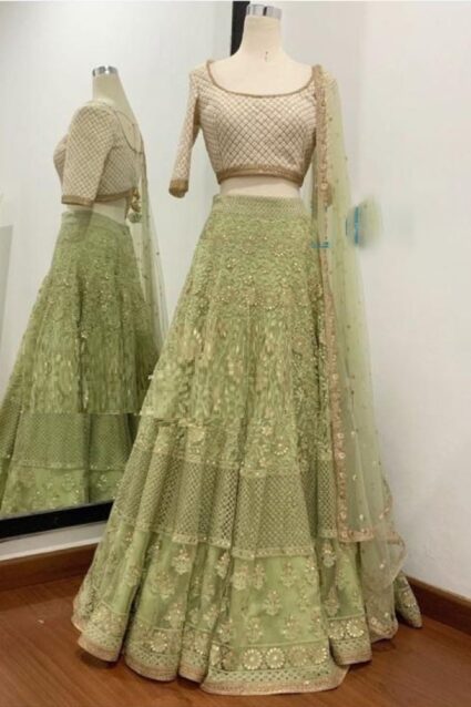 Pale Green Color Classic Lehenga Choli On Net With Dupatta