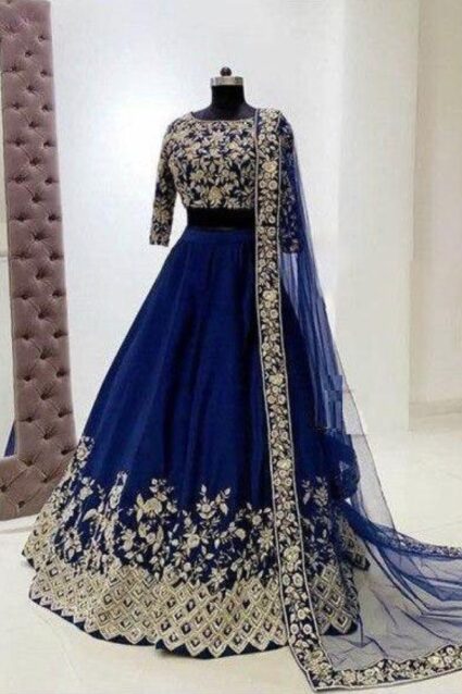 Dark Blue Color Classic Lehenga Choli On Taffeta Silk With Embroidery Work
