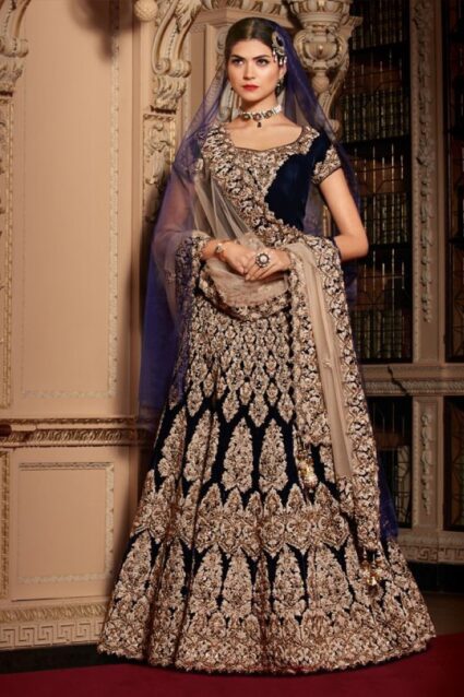 Dark Blue Color Desirable Lehenga Choli On Heavy Velvet With Embroidery Work