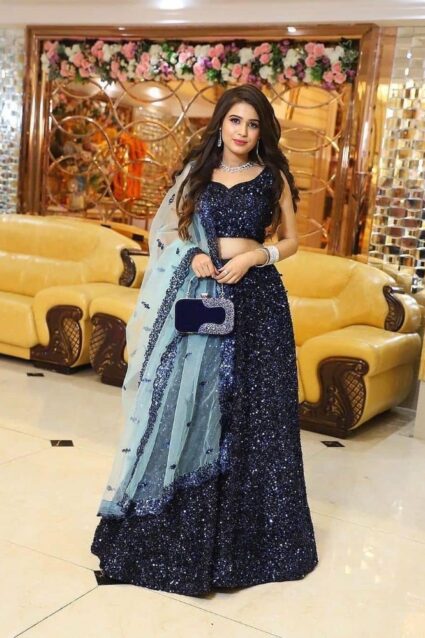 Blue Color Stunning Lehenga Choli On Velvet