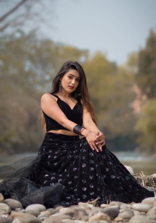 Black Color Stunning Garima Chaurasia Lehenga Choli On Heavy Velvet