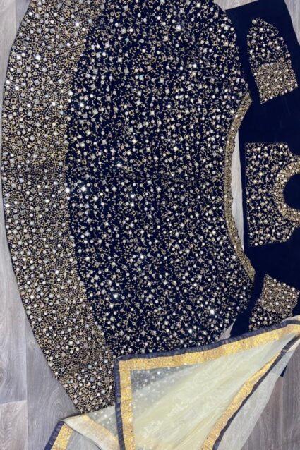 Navy Blue Color Classic Lehenga Choli On Velvet With Heavy Embroidery Work