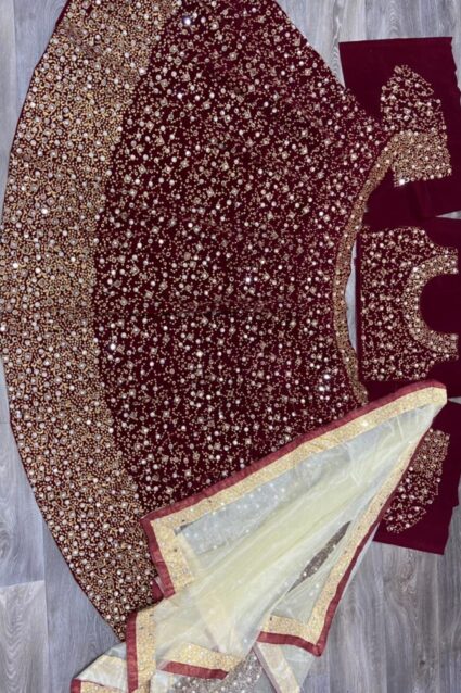 Marron Color Classic Lehenga Choli On Velvet With Heavy Embroidery Work