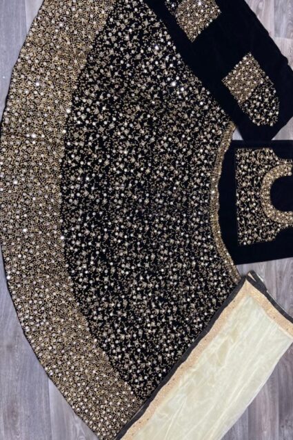 Black Color Classic Lehenga Choli On Velvet With Heavy Embroidery Work