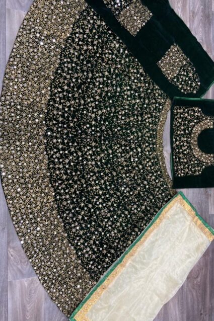 Green Color Classic Lehenga Choli On Velvet With Heavy Embroidery Work