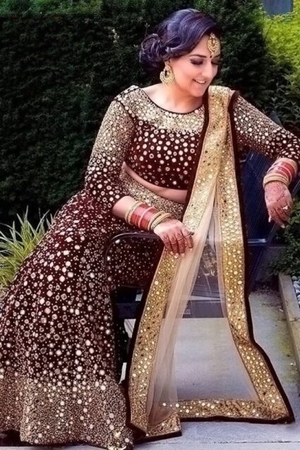 Marron Color Classic Lehenga Choli On Velvet With Heavy Embroidery Work