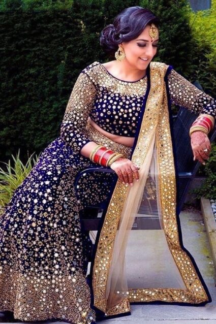 Navy Blue Color Classic Lehenga Choli On Velvet With Heavy Embroidery Work