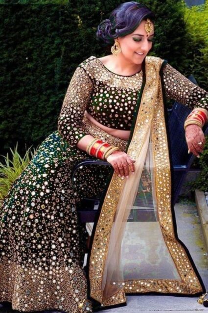 Green Color Classic Lehenga Choli On Velvet With Heavy Embroidery Work