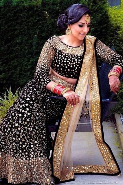 Black Color Classic Lehenga Choli On Velvet With Heavy Embroidery Work