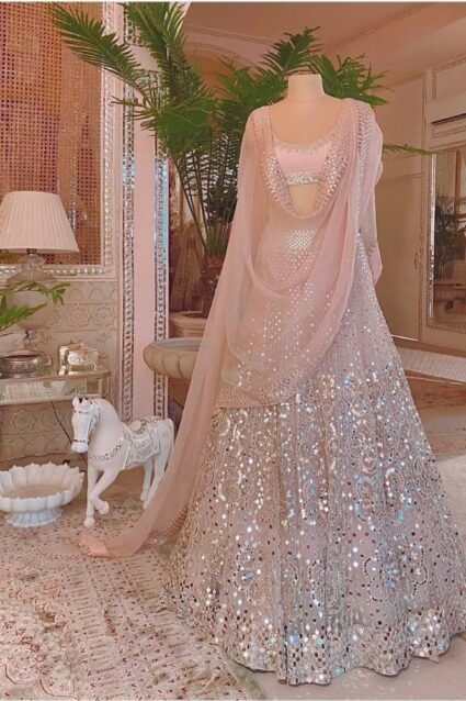 Peach Color Desirable Lehenga Choli On Georgette With Gota Patta Work