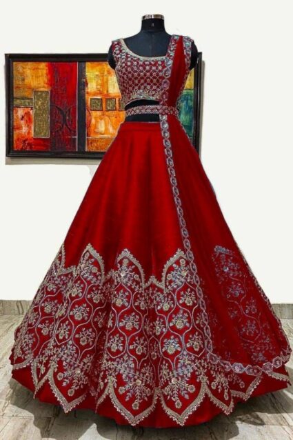 Red Color Classic Lehenga Choli On Banglory Satin With Cording Embroidery Work