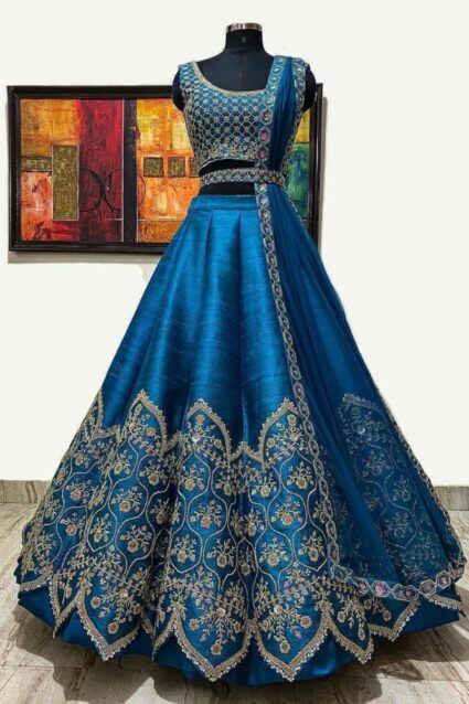 Navy Blue Color Classic Lehenga Choli On Banglory Satin With Cording Embroidery Work