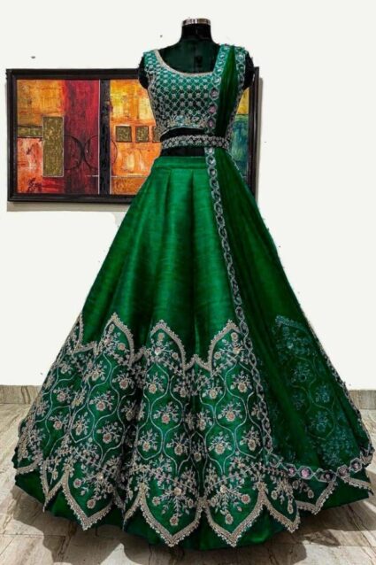 Green Color Classic Lehenga Choli On Banglory Satin With Cording Embroidery Work