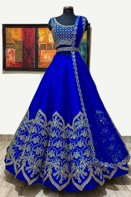 Dark Blue Color Classic Lehenga Choli On Banglory Satin With Cording Embroidery Work