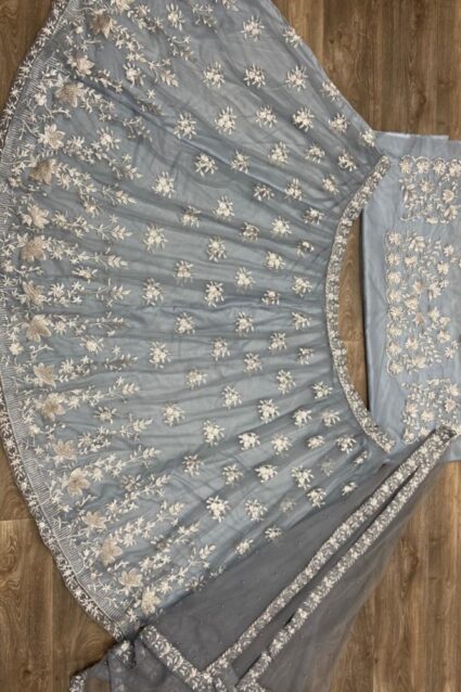 Grey Color Beautiful Lehenga Choli On Net With Embroidery Work