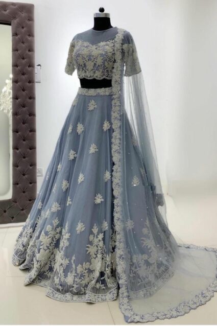 Grey Color Beautiful Lehenga Choli On Net With Embroidery Work