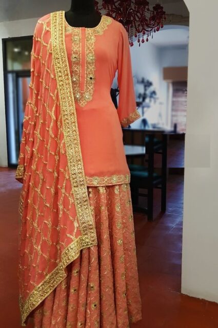 Peach Color Stunning Lehenga Suit On Georgette