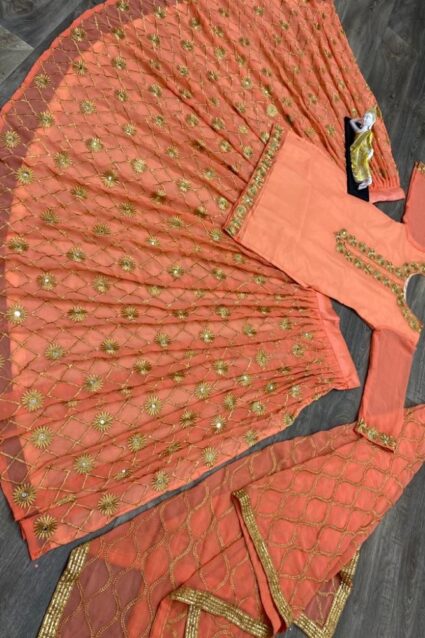 Peach Color Stunning Lehenga Suit On Georgette