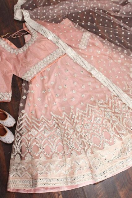 Baby Pink Color Lehenga Cholion Heavy Net With Foil Paper Embroidery Work
