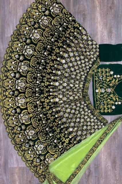 Green Color Stunning Lehenga Choli On Velvet With Heavy Embroidery Work