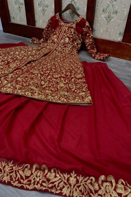 Red Color Charming Lehenga Suit On Georgette With Embroidery Work