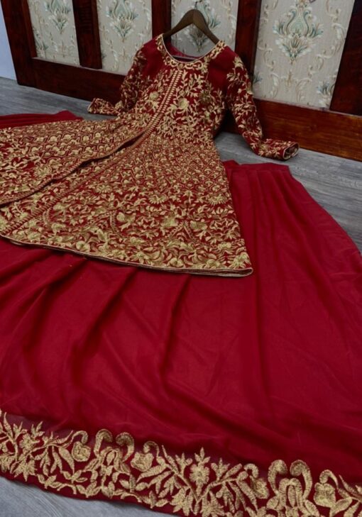 Red Color Charming Lehenga Suit On Georgette With Embroidery Work