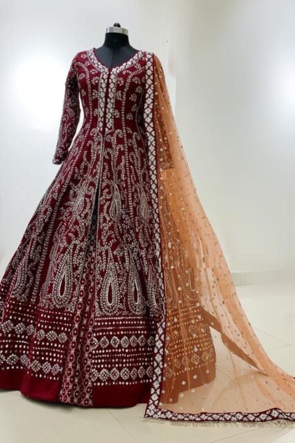 Red Color Lehenga Suit On Taffeta Silk With Embroidery Work