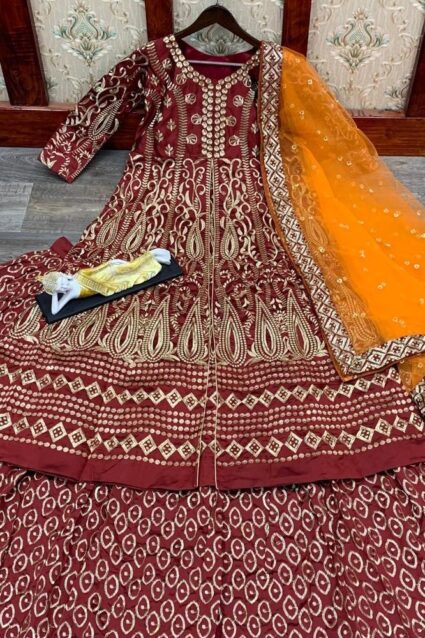 Red Color Lehenga Suit On Taffeta Silk With Embroidery Work