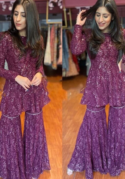 Purple Color Stunning Palazzo Kurti On Georgette With Sequin Work