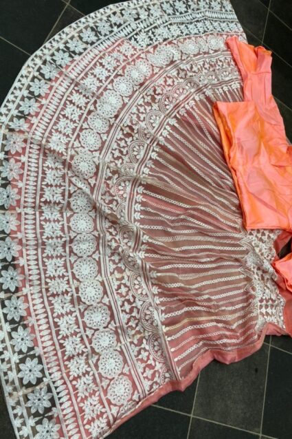 Peach Color Stylish Lehenga Choli On Butterfly Net With Heavy Chainstitched Work