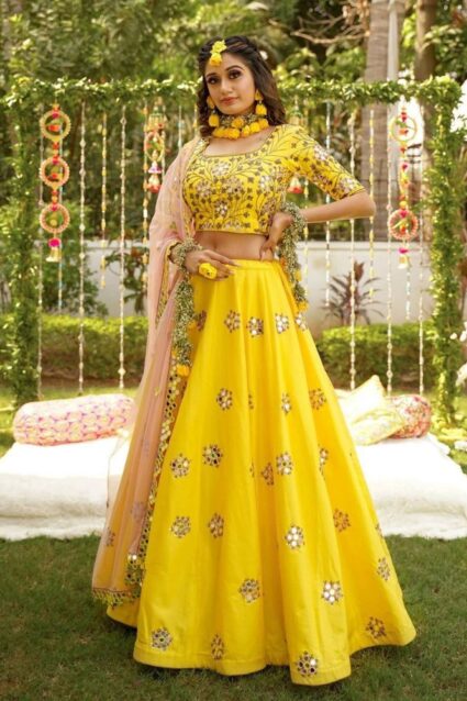 Yellow Color Charming Lehenga Choli On Taffeta With Embroidery Work