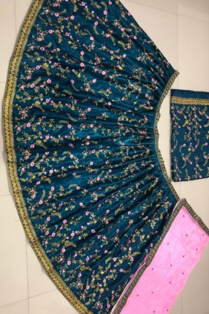 Navy Blue Color Gleaming Lehenga Choli On Banglory Satin With Embroidery