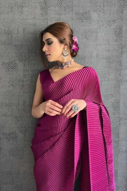 Purple Color Classic Saree On Georgette With Pleated Work