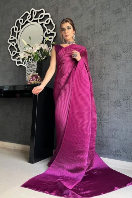 Purple Color Classic Saree On Georgette With Pleated Work