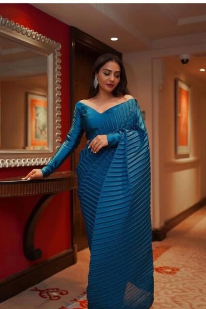 Navy Blue Color Classic Saree On Georgette With Pleated Work