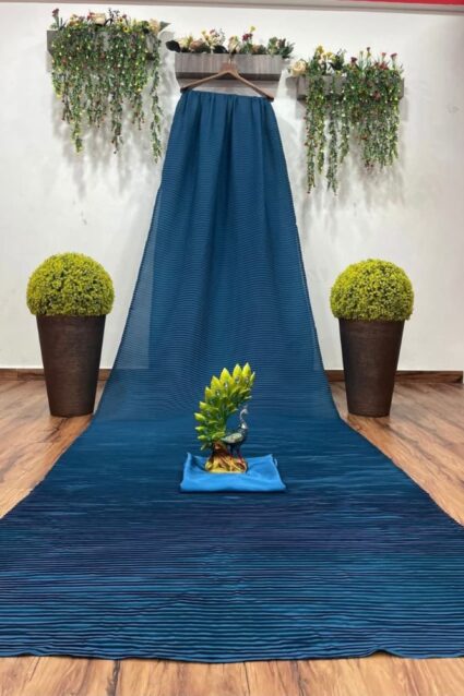 Navy Blue Color Classic Saree On Georgette With Pleated Work