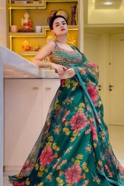 Green Color Fabulous Avneet Kaur Lehenga With Embroidery Work
