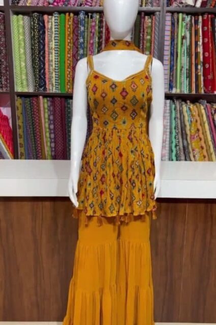 Gold Color Fabulous Sharara Suit On Georgette Gold Color Fabulous Sharara Suit On Georgette