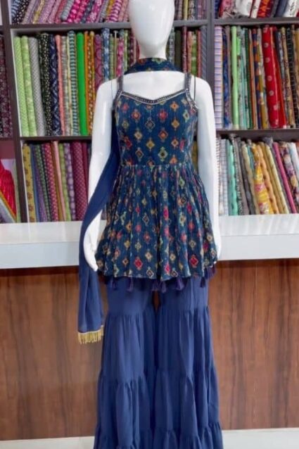 Dark Blue Color Fabulous Sharara Suit On Georgette Dark Blue Color Fabulous Sharara Suit On Georgette