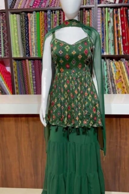 Dark Green Color Fabulous Sharara Suit On Georgette Dark Green Color Fabulous Sharara Suit On Georgette