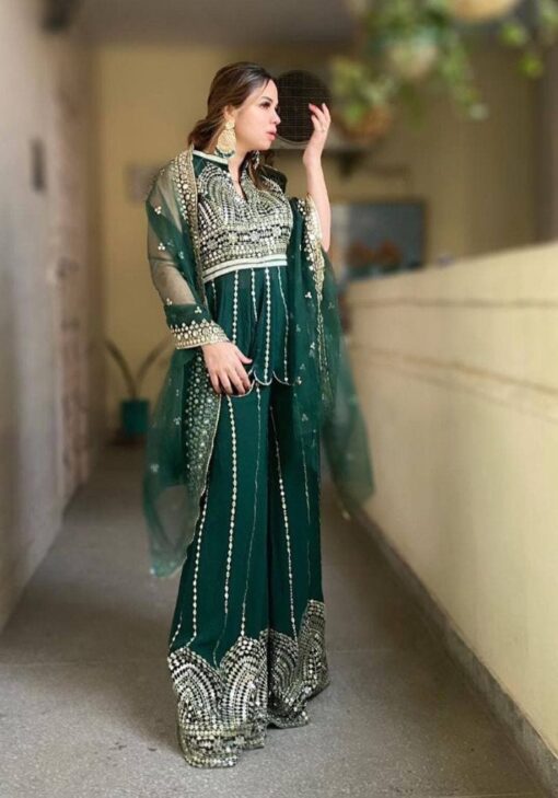Dark Green Color Stunning Palazzo Suit With Embroidery Work
