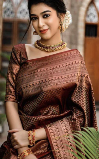 Coffee Color Saree On Banarasi Soft Silk With Copper Zari Weaving